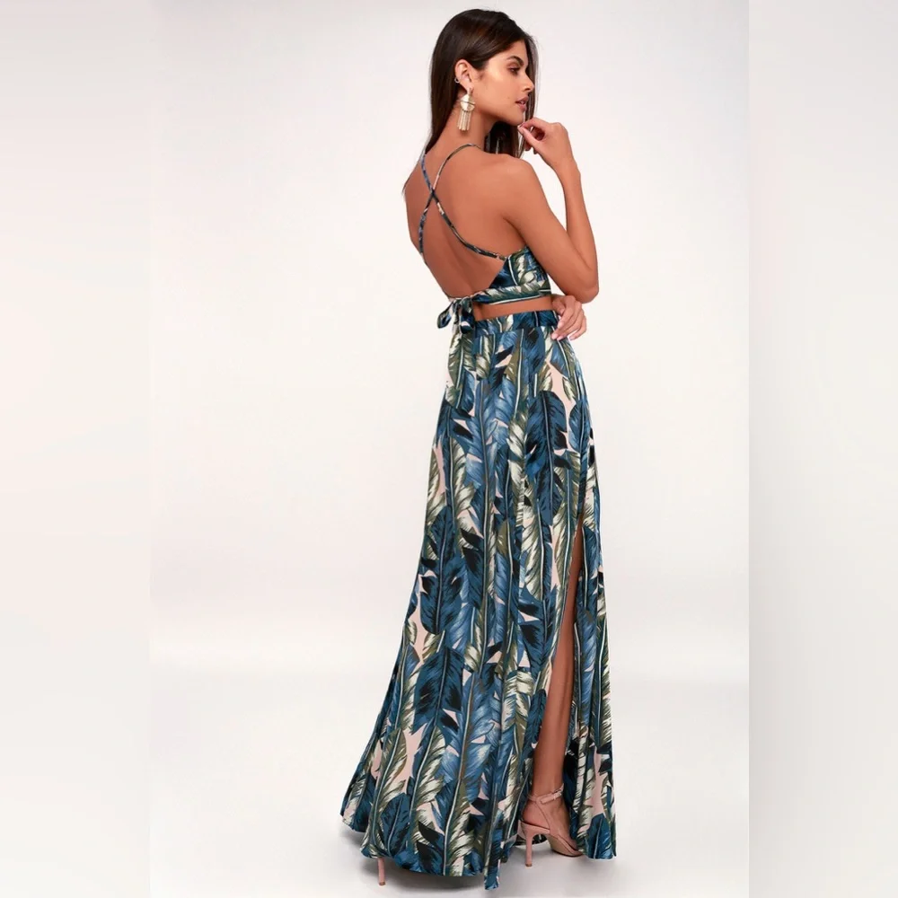 NEW Blue Leaf Print Two-Piece Maxi Dress - Picture 2 of 10